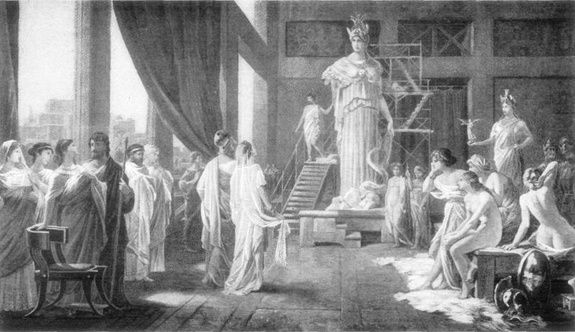 Pericles y Aspasia contemplando la estatua gigante de Atenea en el estudio de Fidias